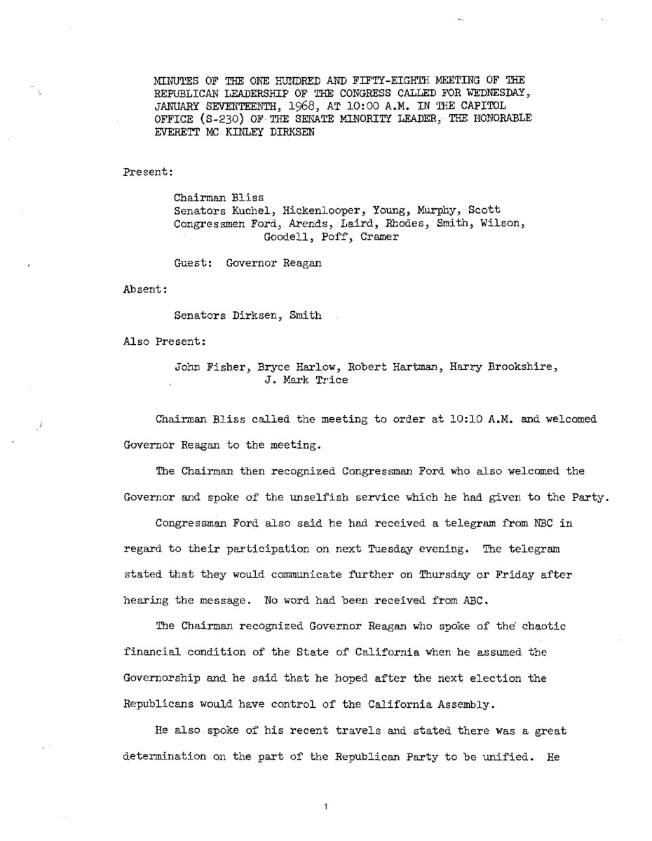 The meeting minutes outline the Republican leadership's discussions with then-Governor Ronald Reagan and preparations for the Republican State of the Union response and a proposed Vietnam documentary.