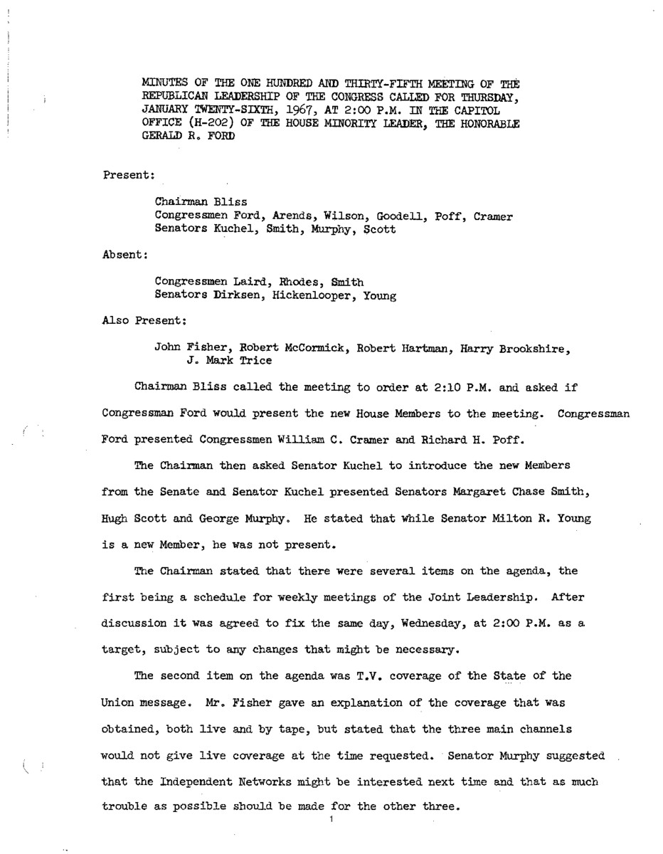 The meeting minutes outline the Republican leadership's discussions about upcoming legislative issues, broadcasts of the State of the Union Address, and campaign funds.