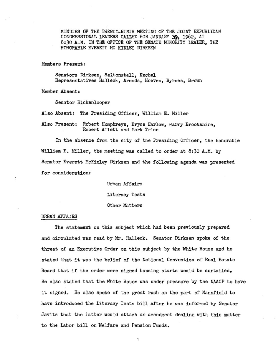 The meeting minutes outline discussions by the Republican leadership surrounding housing and urban affairs as well as literacy tests.