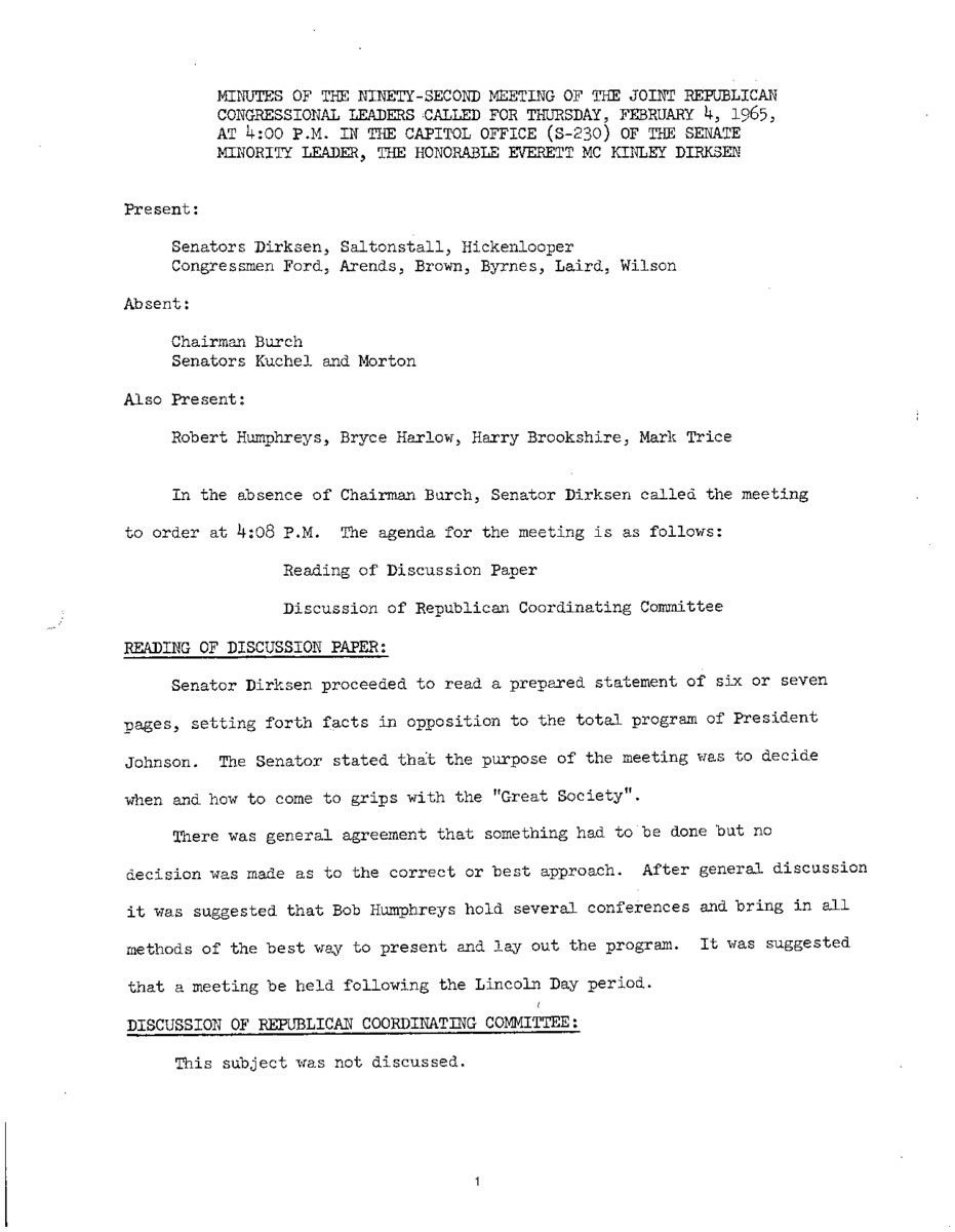 The meeting minutes provide an overview of the Republican leadership's discussions regarding President Lyndon B. Johnson and the Great Society program.