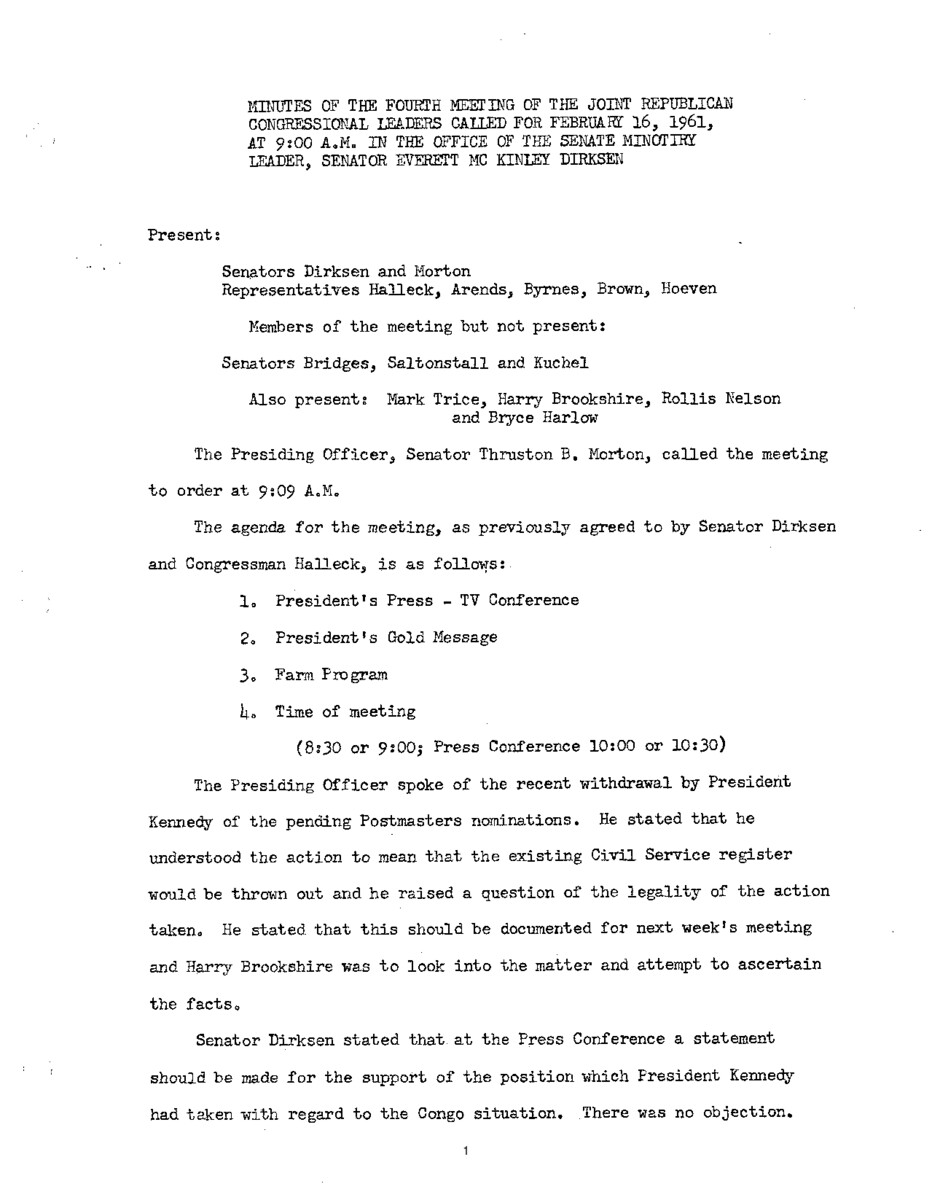 The meeting minutes outline the Republican leadership's discussions about various legislative issues, the Congo, and Russia.