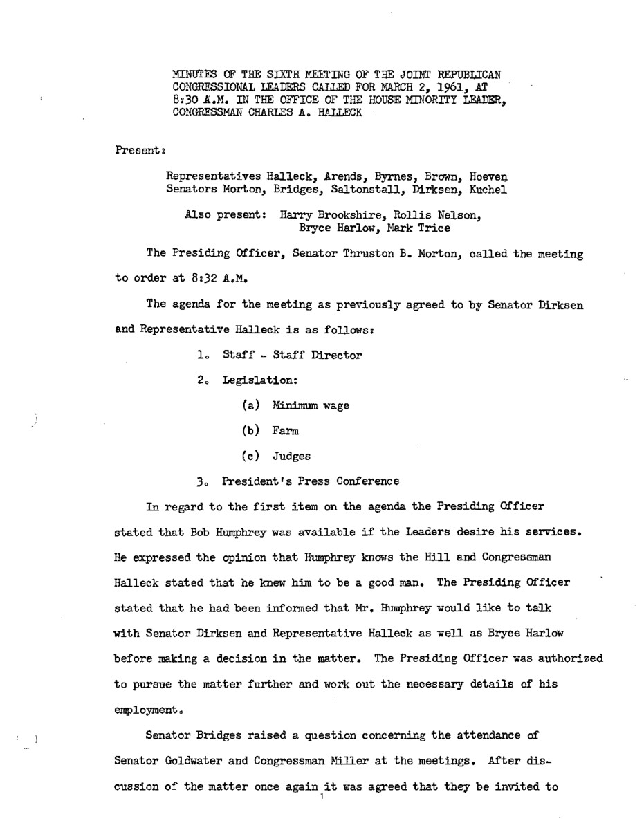 The meeting minutes outline the Republican leadership's discussion about pending legislation, including minimum wage and feed grains.