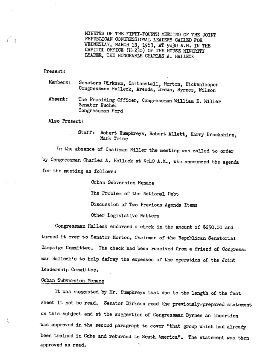 The meeting minutes outline the Republican leadership's discussions about Cuba and federal spending.
