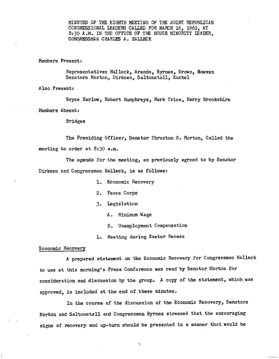 The meeting minutes detail the Republican leadership's discussion of the creation of the Peace Corps.