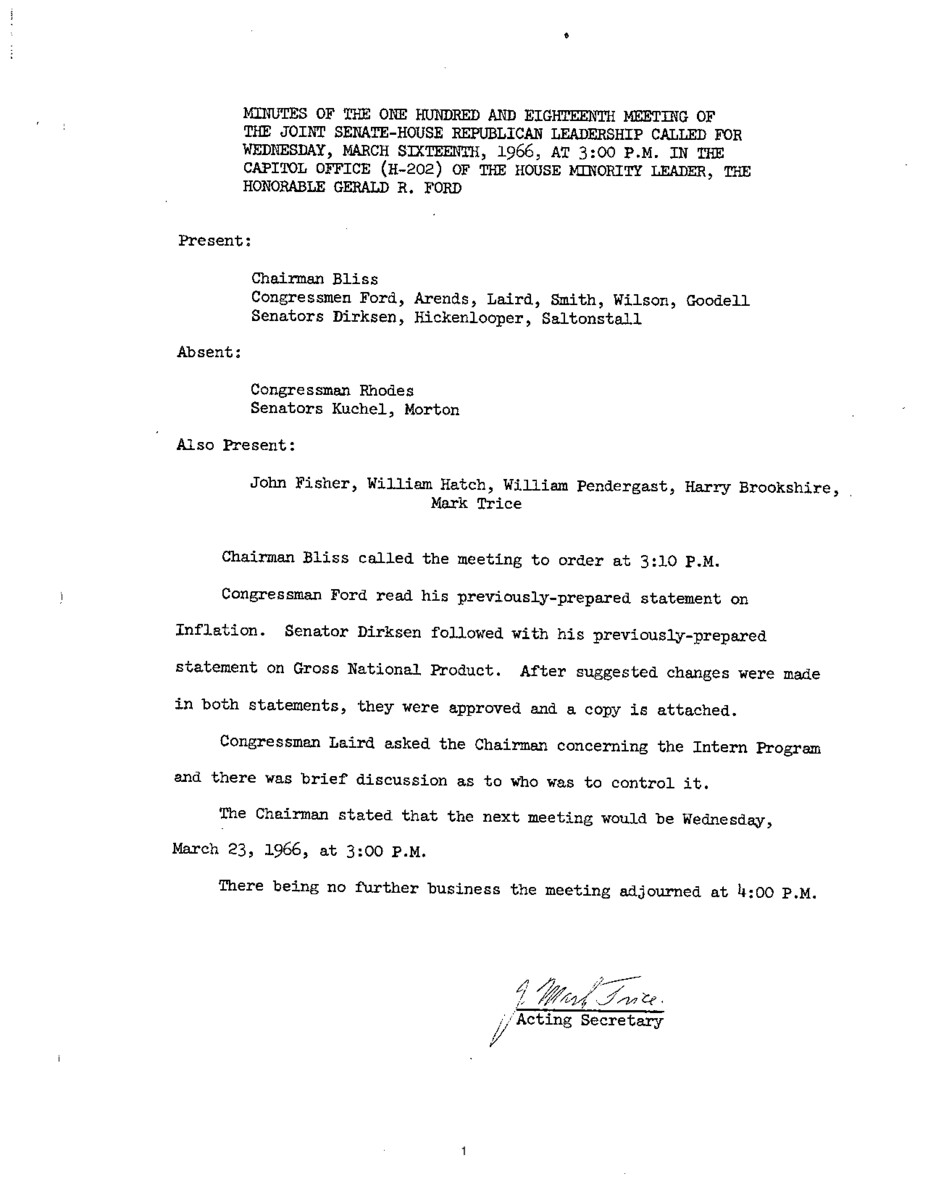 The meeting minutes outline the Republican leadership's discussion about inflation and the gross national product.