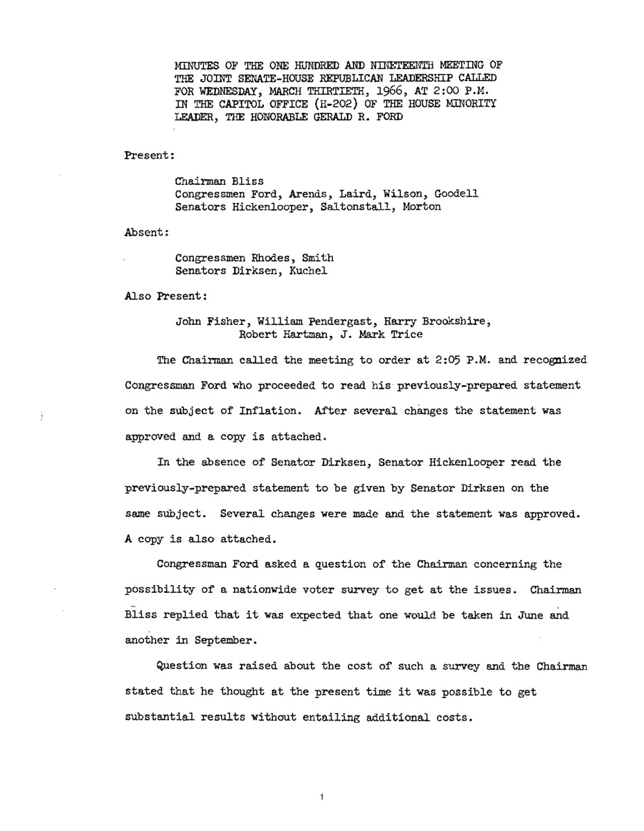 The meeting minutes outline the Republican leadership's discussions about inflation and a proposed voter survey.