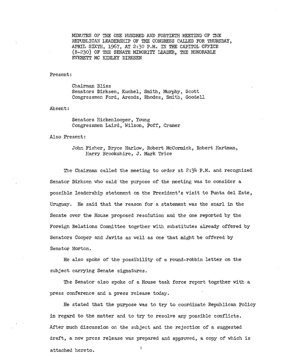 The meeting minutes outline the Republican leadership's response to President Lyndon B. Johnson's visit to Uruguay.