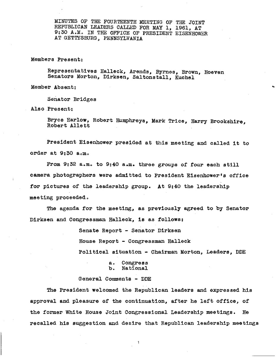 The meeting minutes detail discussions held between the Joint Republican Leadership and former President Dwight D. Eisenhower. The discussion focused on upcoming legislation, the future of the Republican Party, and United States policy in regard to Laos and Cuba.