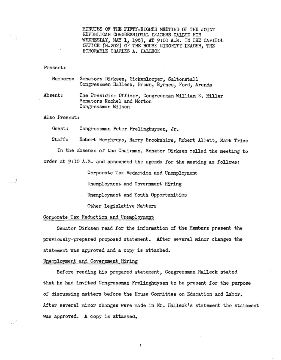 The meeting minutes outline discussions by the Republican leadership about unemployment.