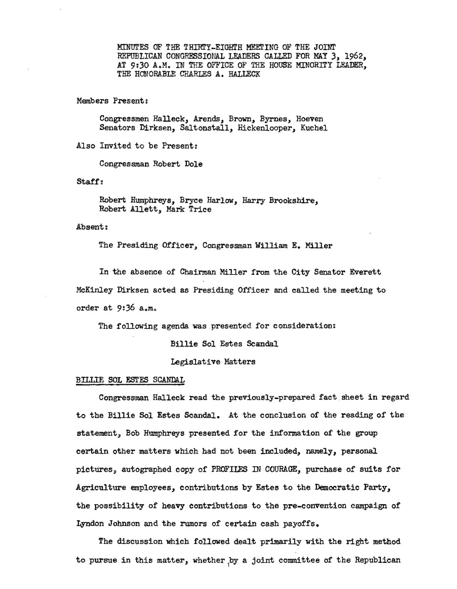 The meeting minutes outline discussions held by Republican leadership concerning Billie Sol Estes and legislative matters.
