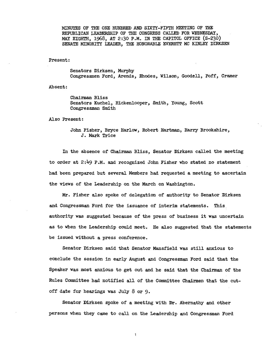 The meeting minutes outline the Republican leadership's preparations for the Poor People's March on Washington and proposed farm legislation.