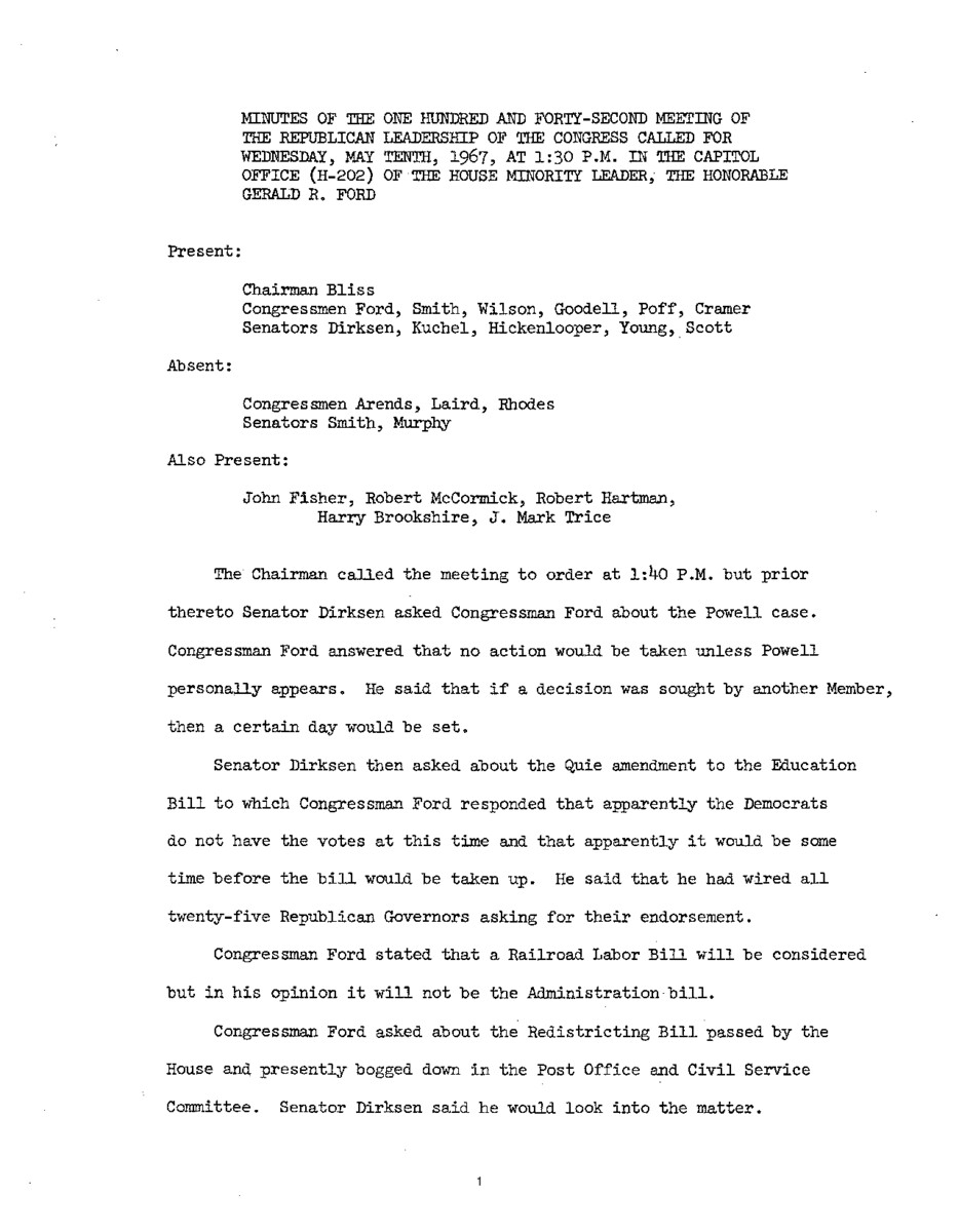 The meeting minutes outline the Republican leadership's discussions about the case of Adam Clayton Powell and the pending Education and Railroad Labor bills.