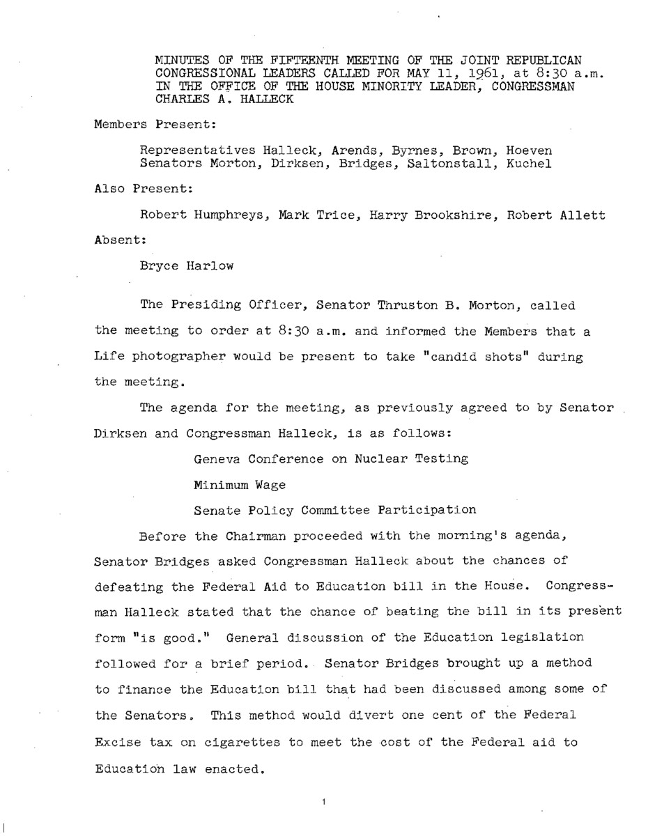 The meeting minutes outline the Republican leadership's discussion of the Federal Aid to Education legislation, the Geneva Conference on Nuclear Testing, and minimum wage.