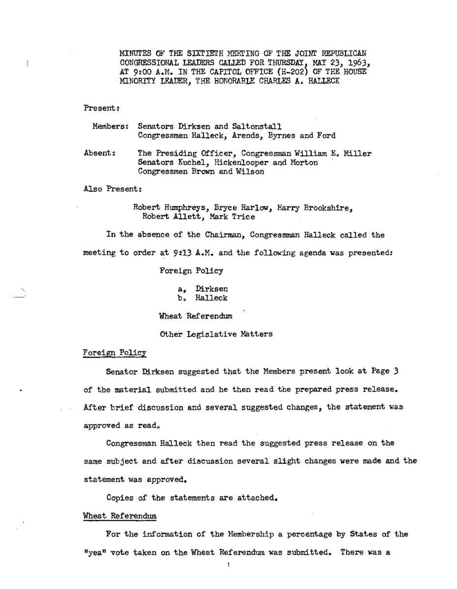 The meeting minutes outline Republican leadership conversations about the Wheat Referendum and other pending legislation.