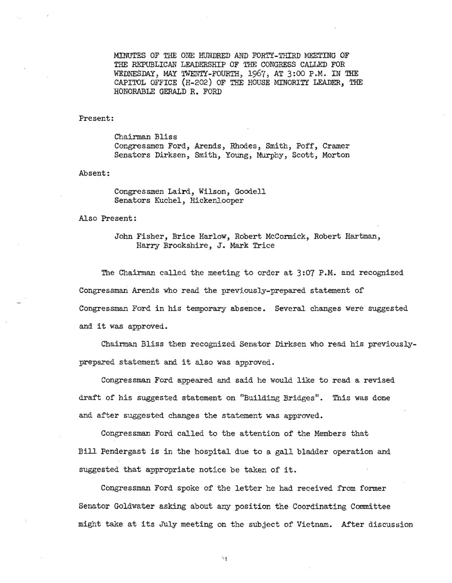 The meeting minutes outline the Republican leadership's discussions about the subject of Vietnam and the Reorganization Bill.