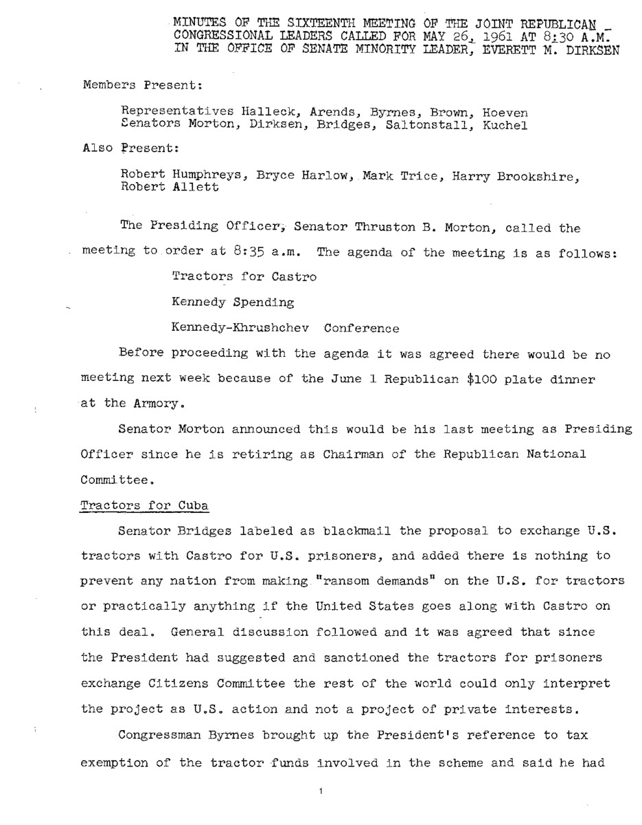The meeting minutes outline the leadership's discussion concerning Cuba, the federal budget, and President John F. Kennedy's meeting with the leader of the Soviet Union, Nikita Krushchev.