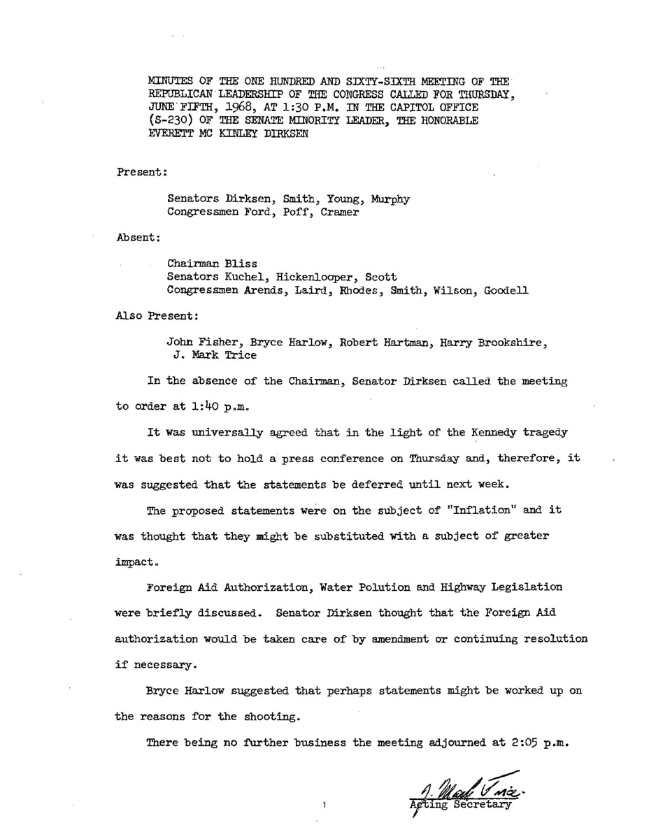 The meeting minutes outline the Republican leadership's discussions about the shooting of Robert F. Kennedy as well as pending legislation.