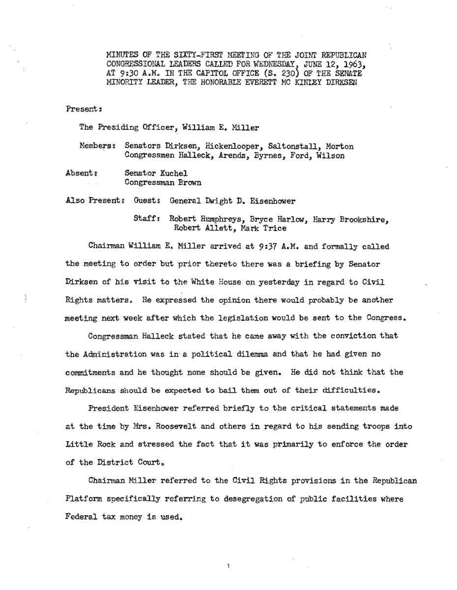 The meeting minutes outline the Republican leadership's discussions about the Civil Rights Movement and nuclear testing.
