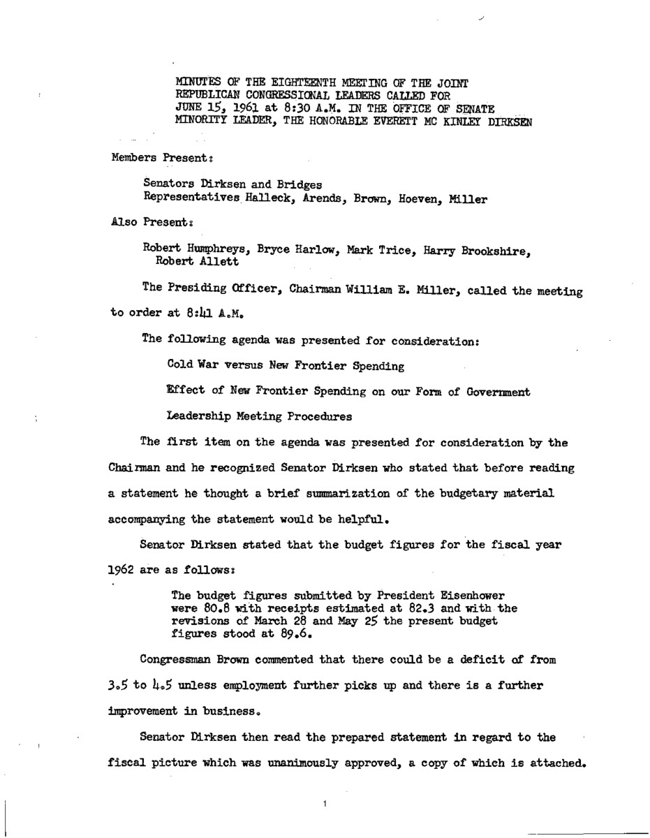 The meeting minutes outline the leadership's discussions regarding foreign policy, the federal budget, and pending legislation pertaining to education and housing.