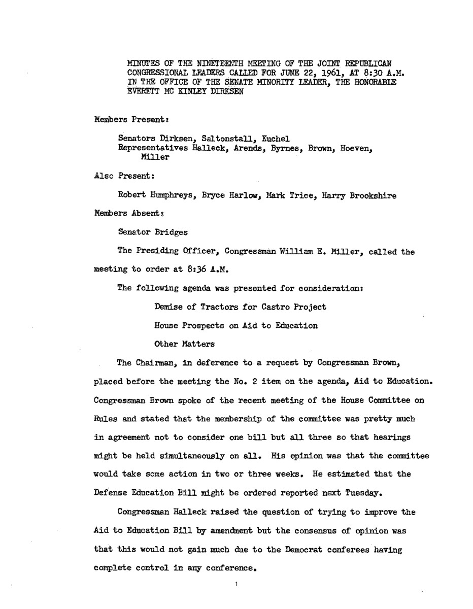 The meeting minutes provide an overview on the Republican leadership's discussions surrounding the Federal Aid to Education legislation, the Tehran Conference, and the Civil Service Commission.