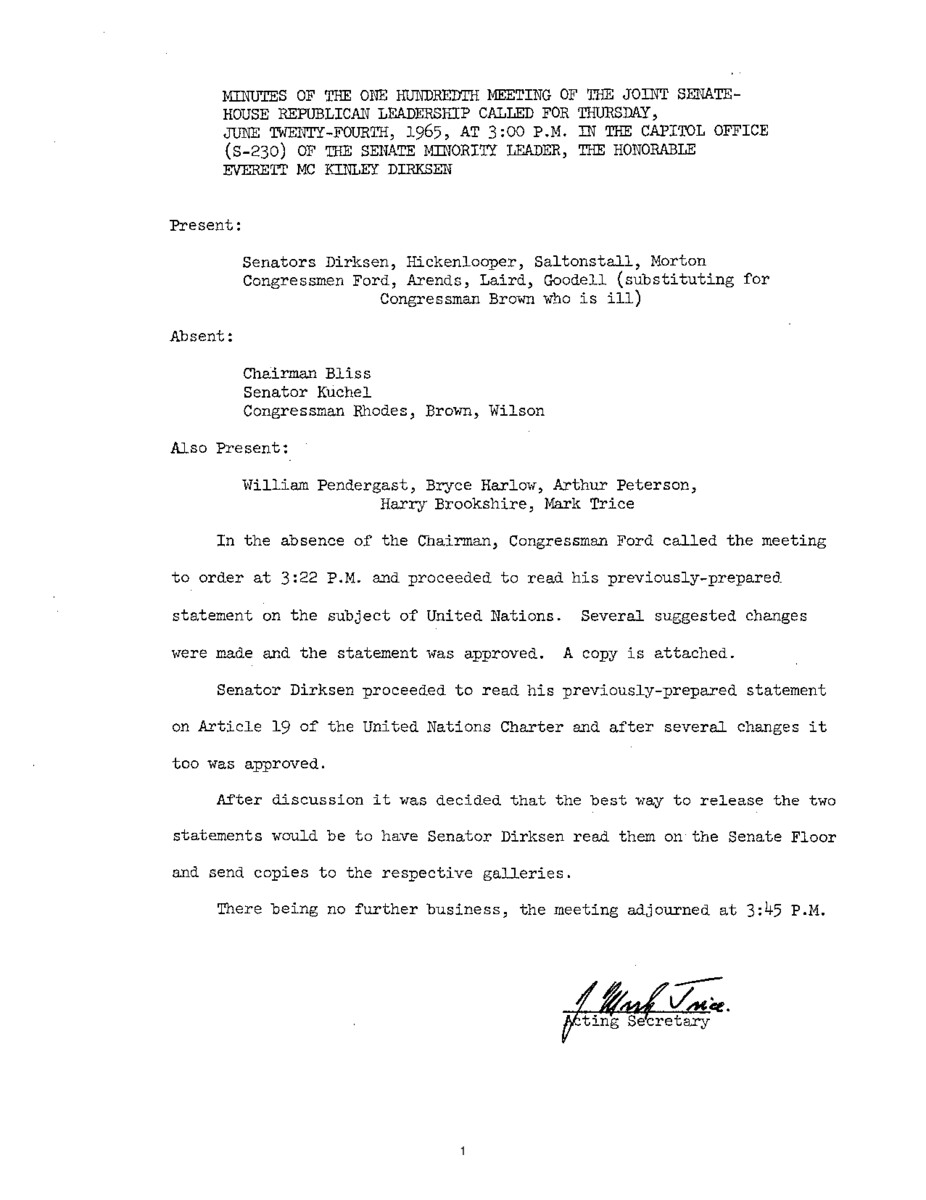 The meeting minutes outline the Republican leadership's discussions about statements on the United Naitons.