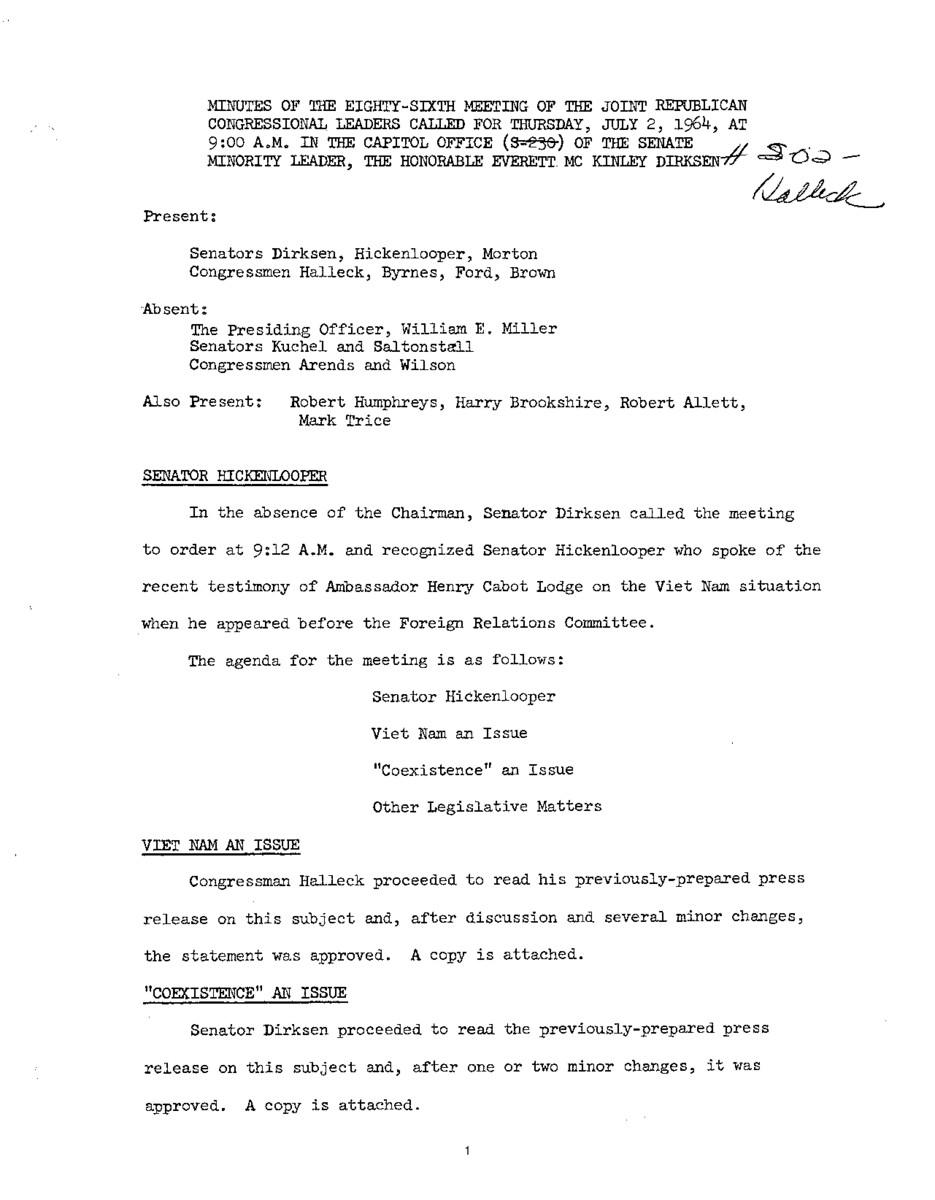 The meeting minutes outline the Republican leadership's discussions about Vietnam.