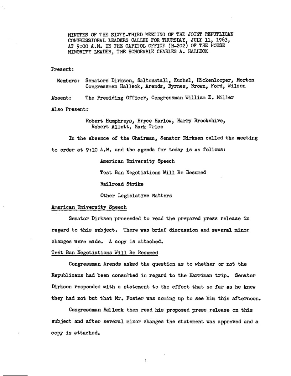 The meeting minutes outline the Republican leadership's discussions about nuclear testing bans and the railroad strike.