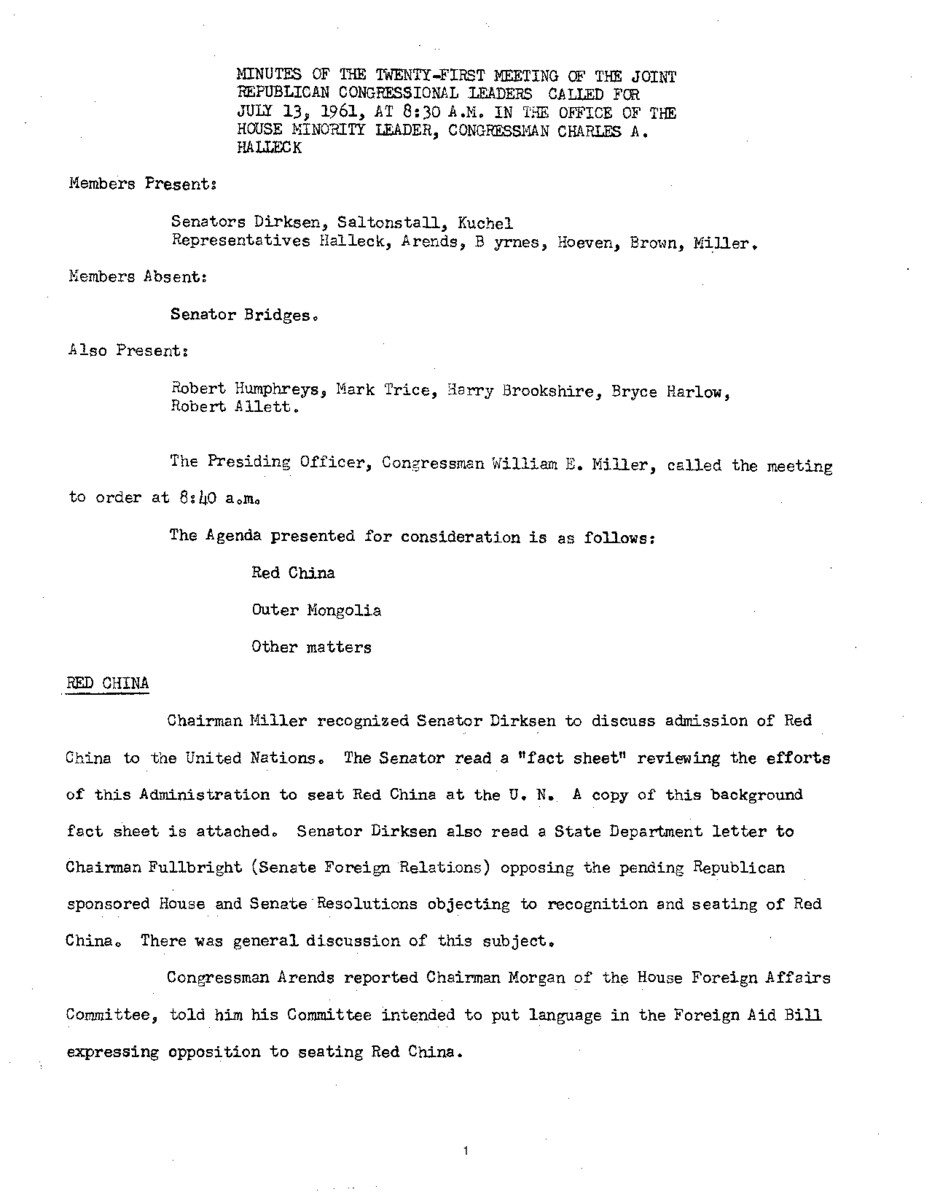 The meeting minutes outline discussions by Republican leadership about China, Berlin, and Mongolia.