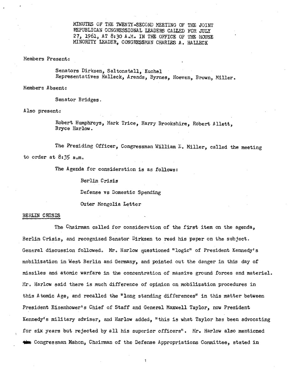 The meeting minutes focus on the Republican leadership's discussions about the Berlin Crisis of 1961 and the federal budget.