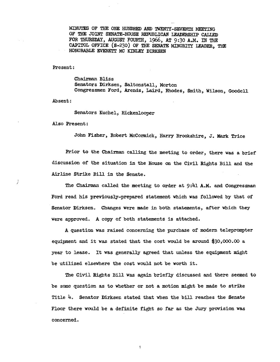 The meeting minutes outline the Republican leadership's discussions about the Airline Strike Bill and Title 4 of the Civil Rights Bill.