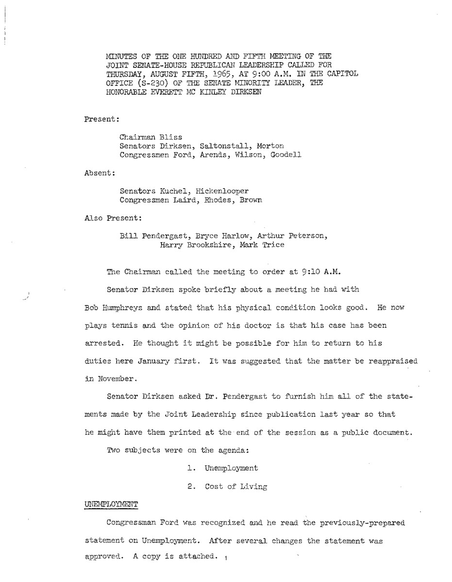 The meeting minutes provide an overview of the Republican leadership's discussions surrounding unemployment, cost of living, and the possible creation of a department dedicated to housing and urban development.