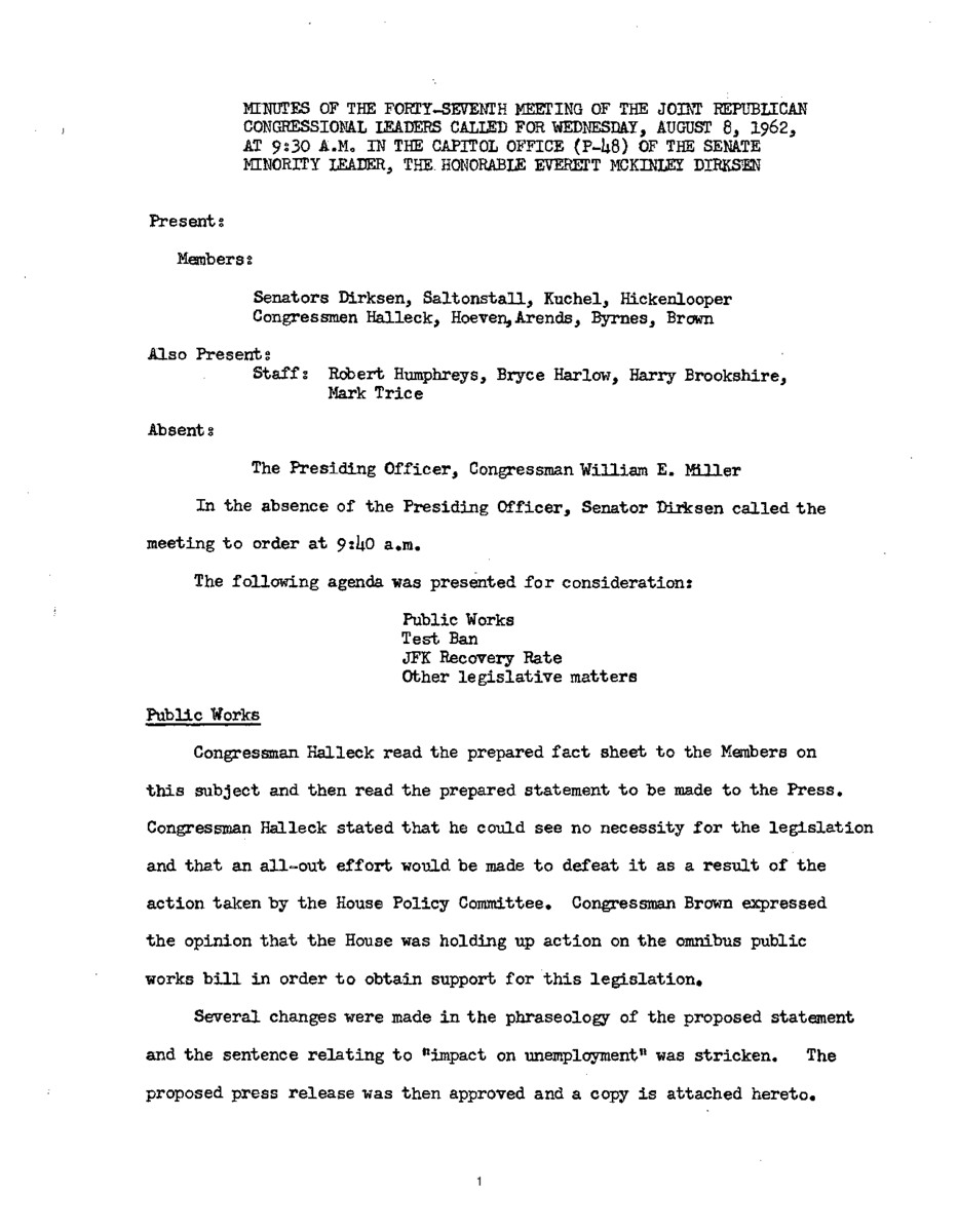 The meeting minutes detail Republican leadership discussions about public works legislation and nuclear testing bans.