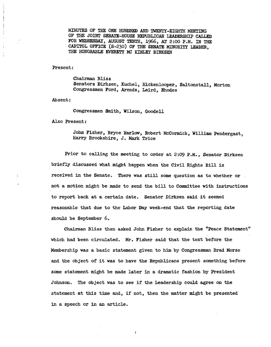 The meeting minutes provide an overview of the Republican leadership's discussions surrounding pending civil rights legislation and a proposed peace statement.