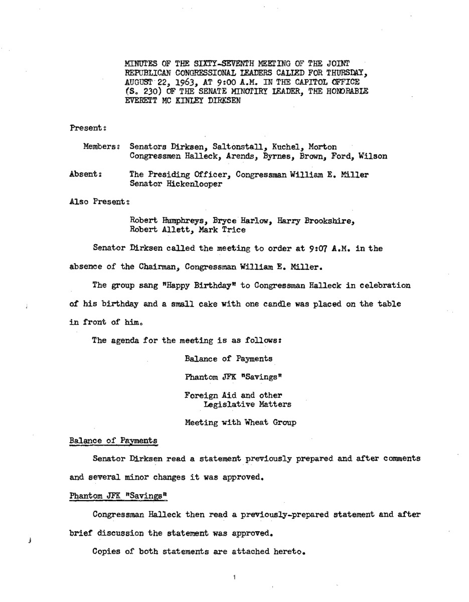 The meeting minutes provide an overview of the Republican leadership's discussions regarding foreign aid and wheat legislation.