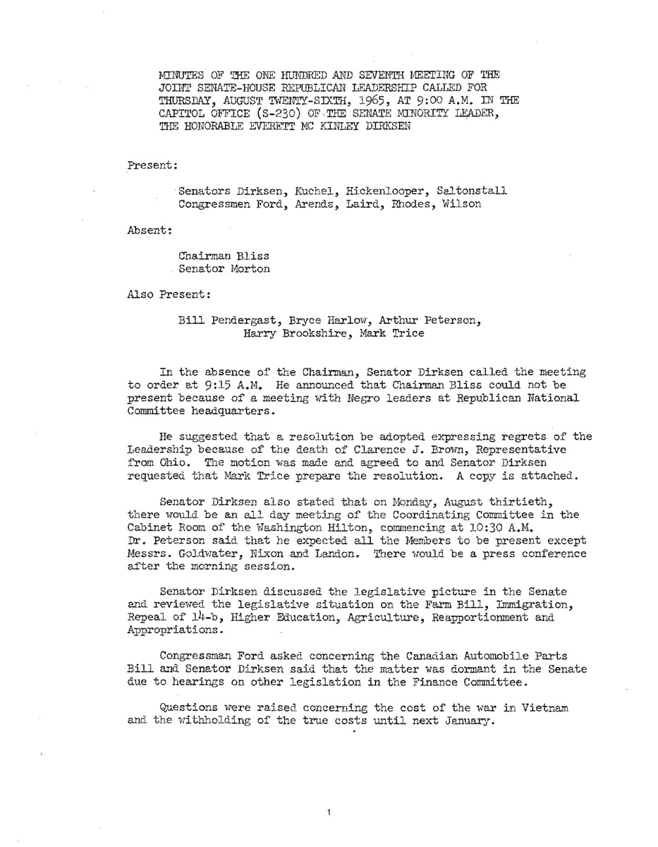 The meeting minutes outline the Republican leadership's discussion about the death of Representative Clarence J. Brown and the Republican Coordinating Committee.