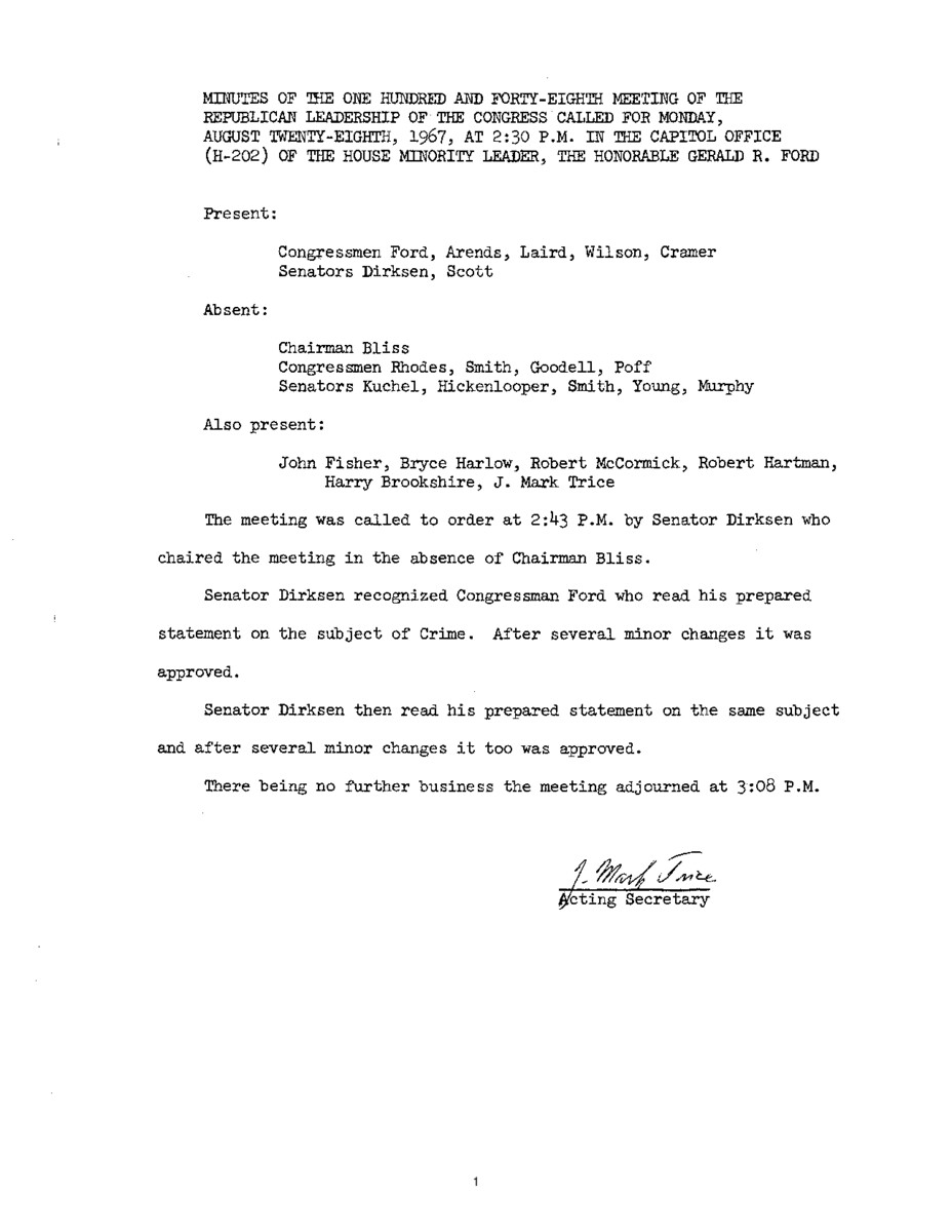 The meeting minutes reference the Republican leadership's prepared statement on crime.