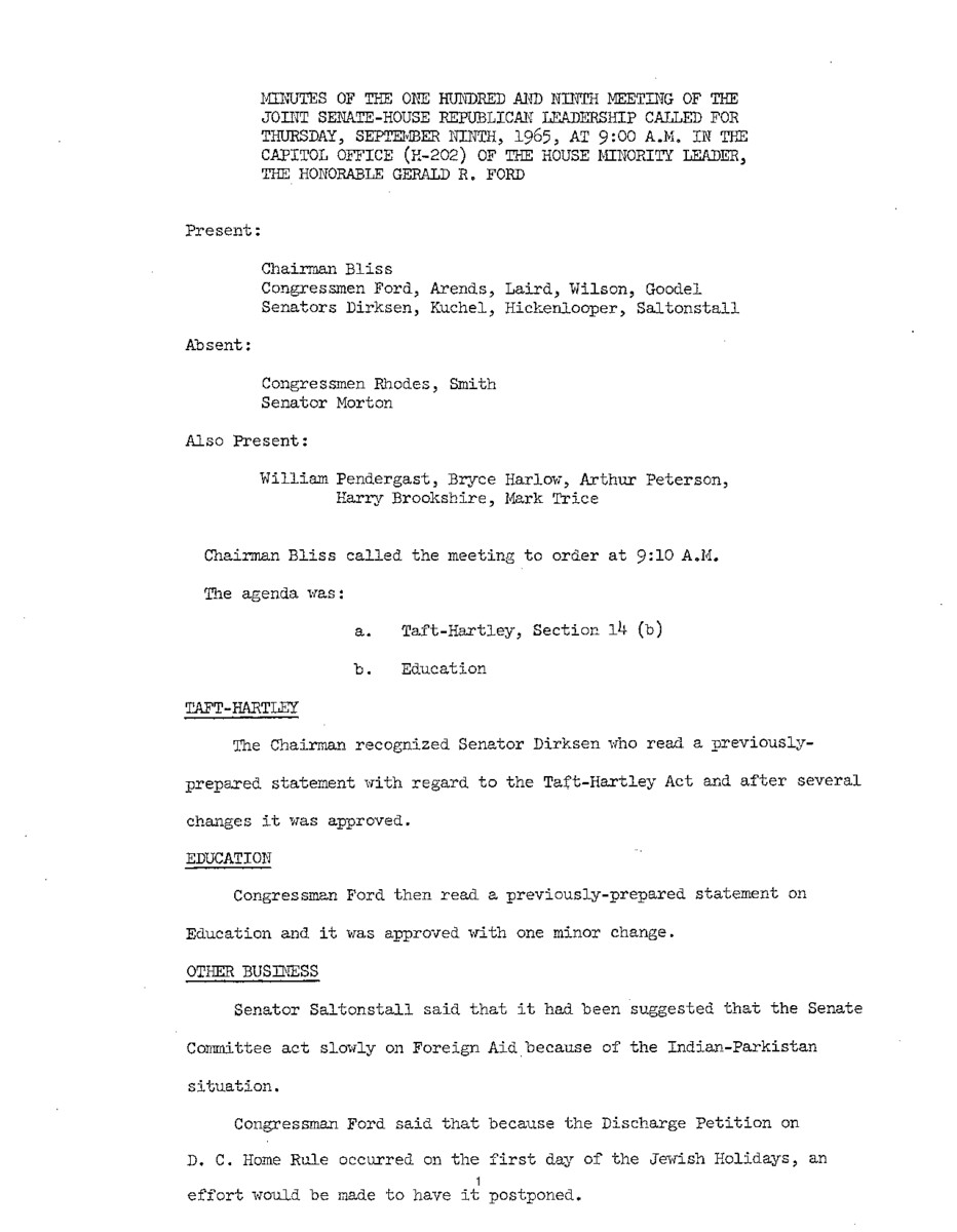 The meeting minutes outline the Republican leadership's discussions regarding upcoming legislation and the situation in Panama.