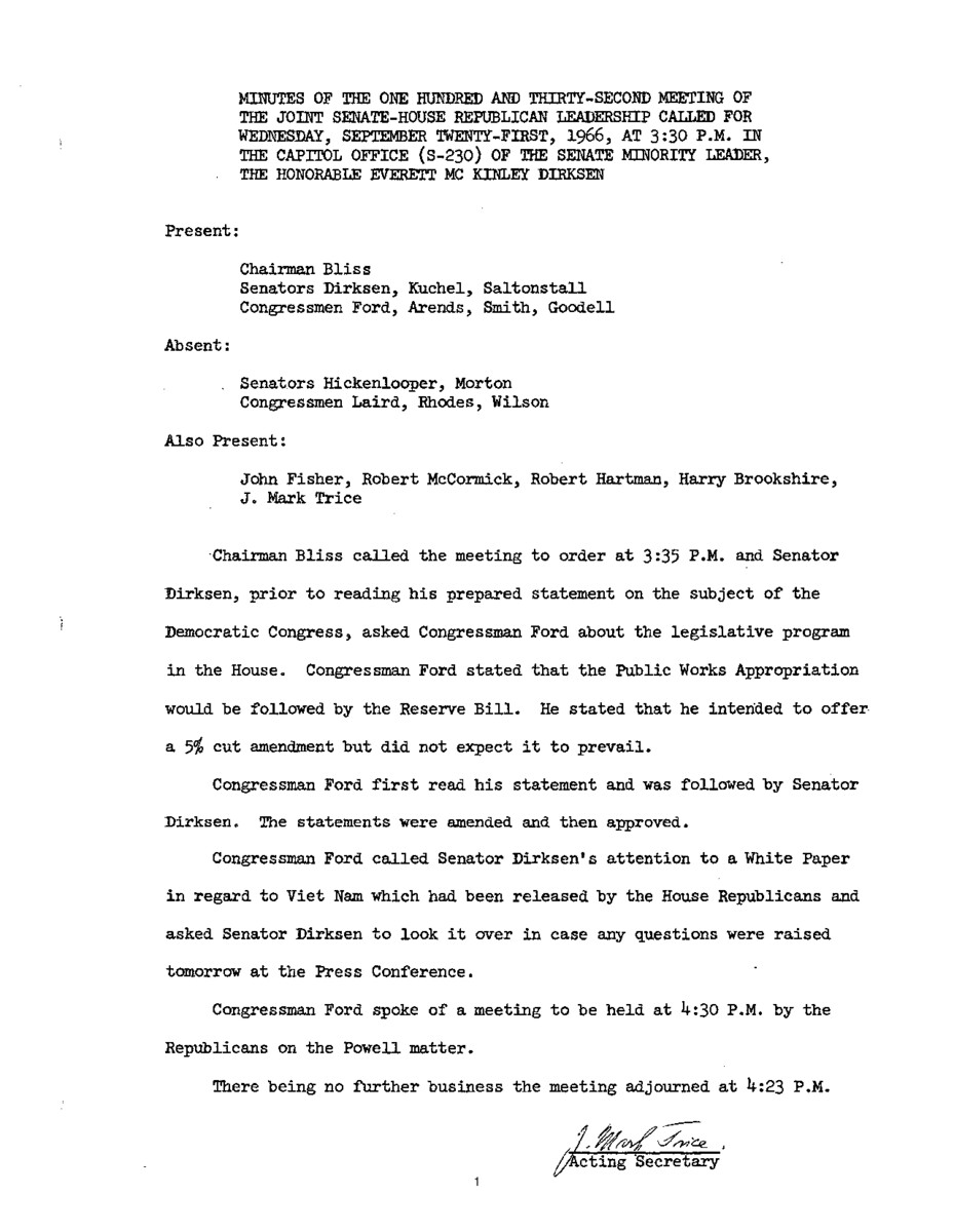 The meeting minutes outline the Republican leadership's discussions about pending legislation, including the Public Works Appropriation, and a proposed white paper about Vietnam.