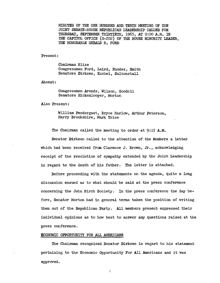 The meeting minutes outline the Republican leadership's discussions surrounding the John Birch Society and the Anti-Poverty Program.