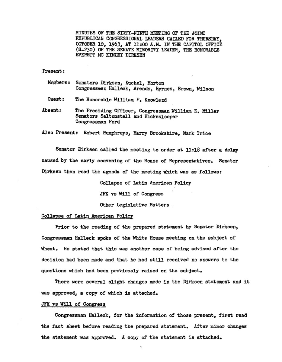 The meeting minutes outline Republican leadership's discussions about pending Civil Rights and wheat legislation.