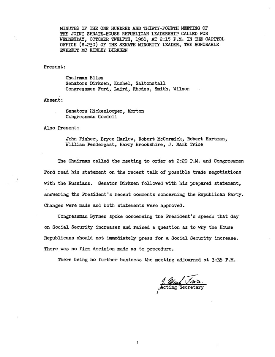 The meeting minutes outline the Republican leadership's discussions about trade with the Soviet Union and Social Security.