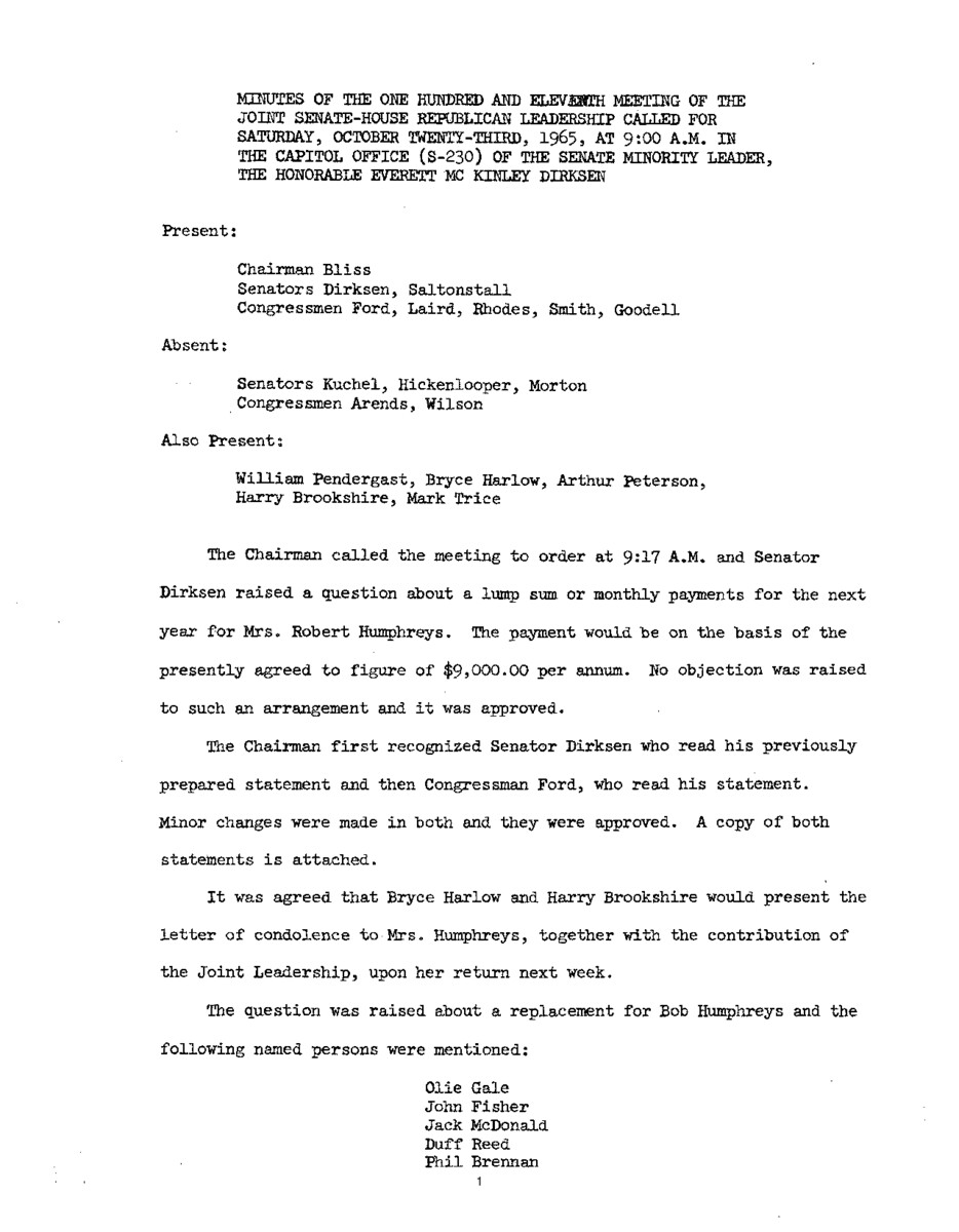The meeting minutes detail the Republican leadership's discussions surrounding the death and replacement of politician Robert Humphreys.