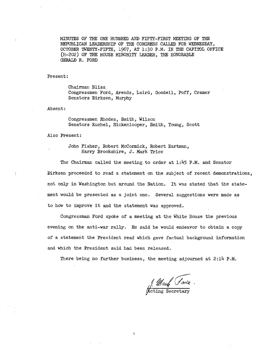 The meeting minutes outline the Republican leadership's discussions about anti-war demonstrations.