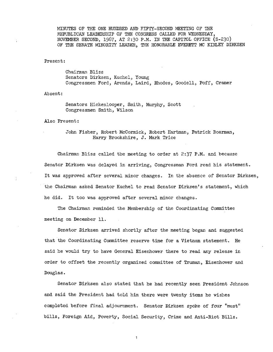 The meeting minutes reference the Republican leadership's prepared statements as well as discussions about Vietnam and legislative priorities.