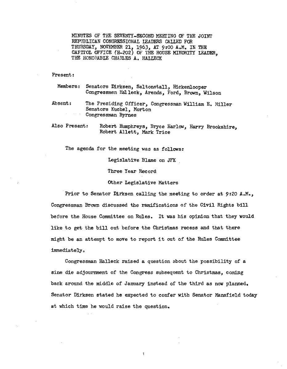 The meeting minutes outline the Republican leadership's discussions about Civil Rights legislation and foreign policy.