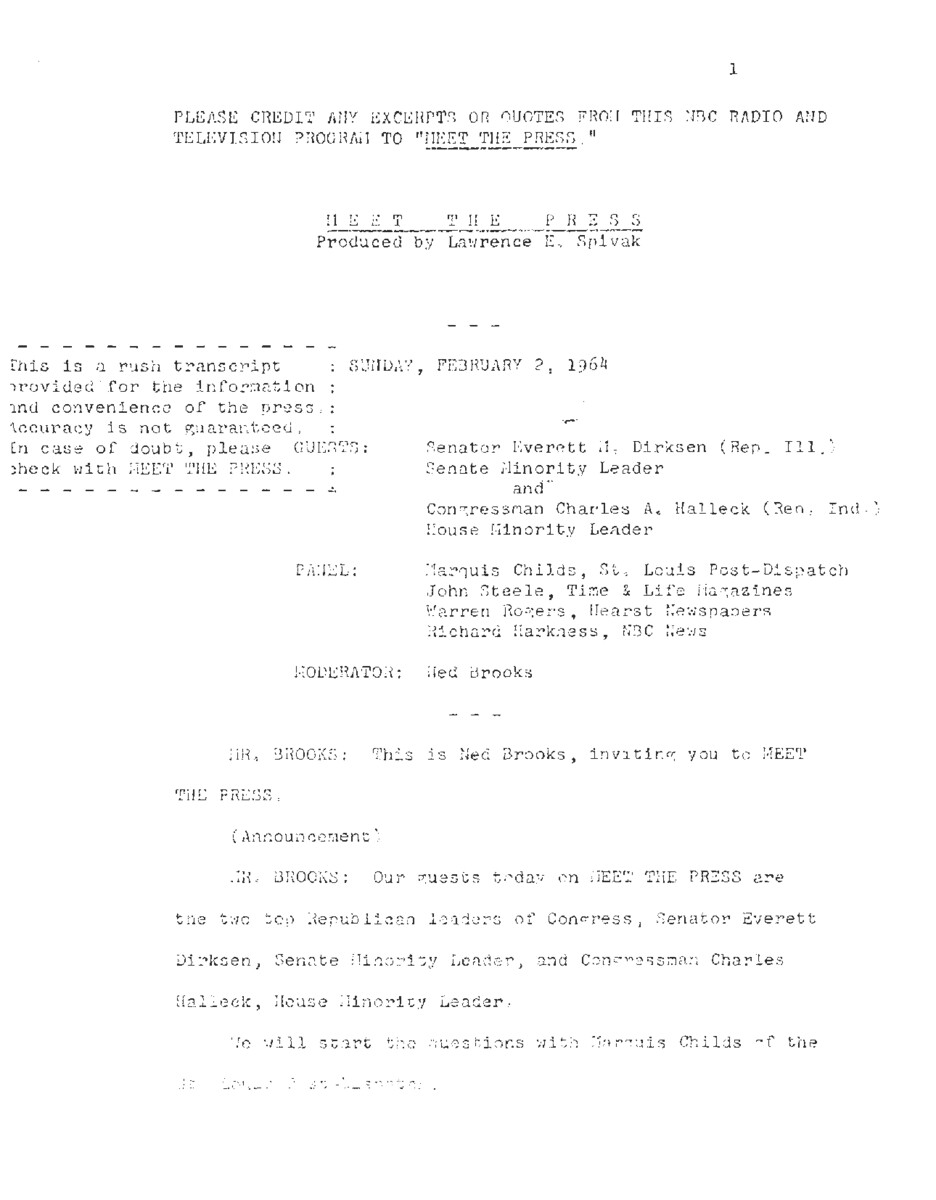 This interview transcript records Everett McKinley Dirksen and Charles Halleck's appearance on Meet the Press. The two politicians field questions about the Republican Party, civil rights legislation, and Vietnam.