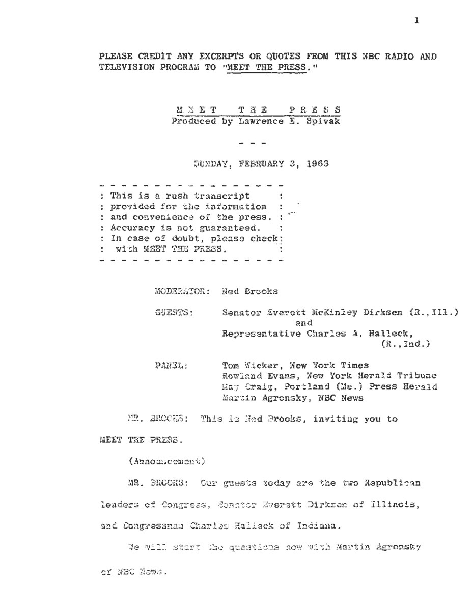 This interview transcript records Everett McKinley Dirksen and Charles Halleck's appearance on Meet the Press. The two politicians field questions about the Republican Party, education, government spending, and Cuba.
