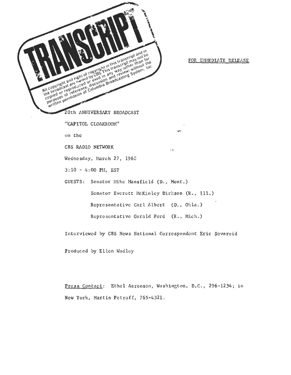 This interview transcript features a discussion by Republican and Democratic leaders of Congress regarding the role of Congress in Government and its change over time. The transcript also includes a newspaper clipping regarding increased mail to Congress members.
