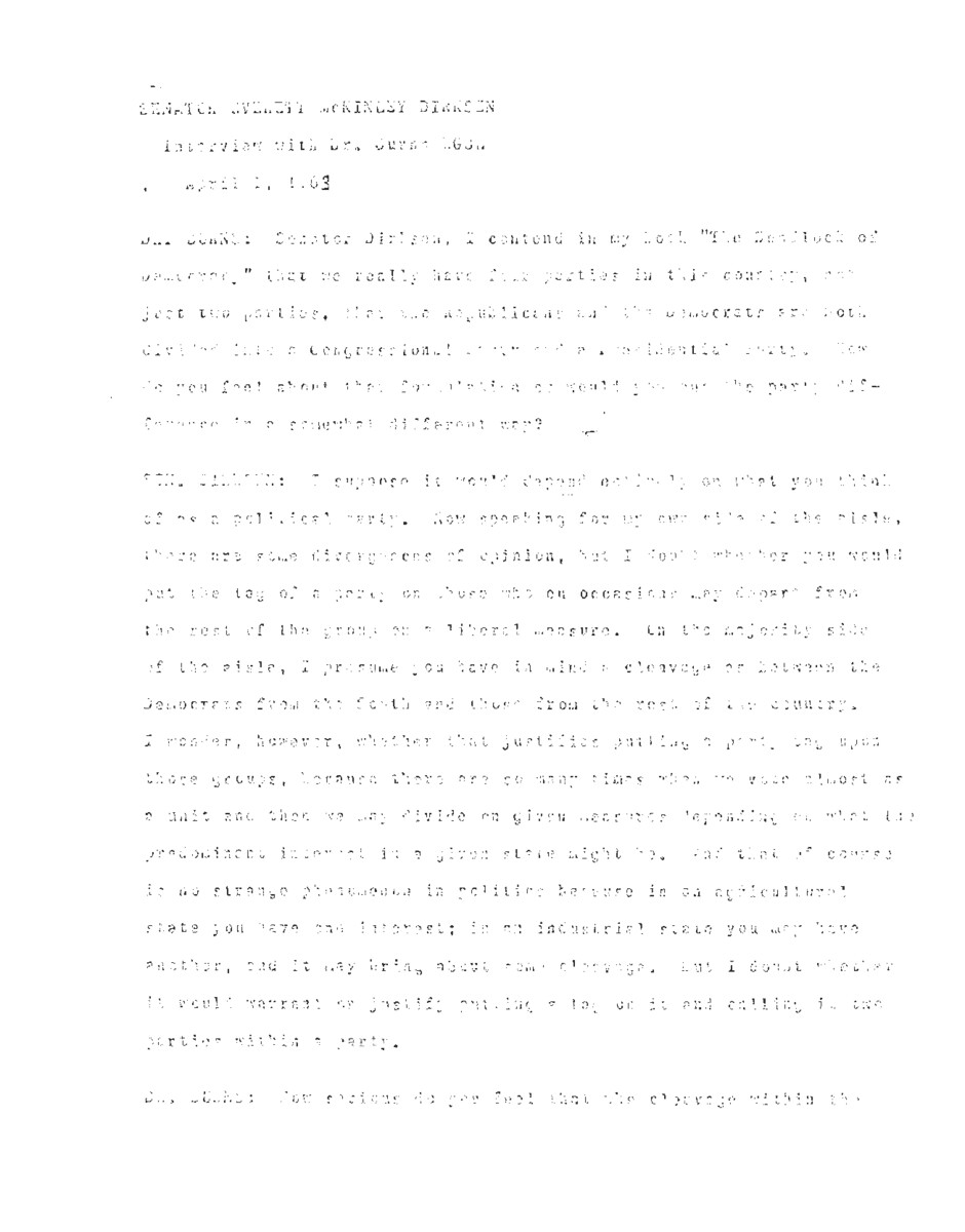 This transcript records an interview of Everett McKinley Dirksen by James MacGregor Burns regarding the Republican Party and President John F. Kennedy.
