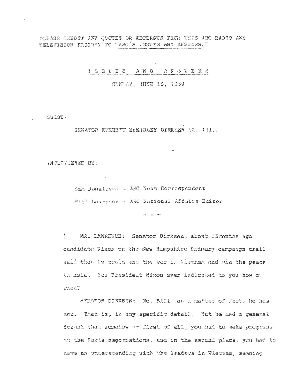 This interview transcript records Senator Everett McKinley Dirksen's appearance on ABC's Issues and Answers.